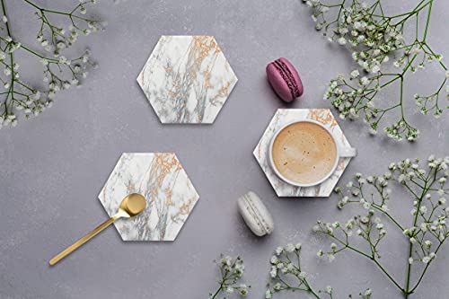 Marble Coasters for Drinks Absorbent with Cork Base, 6 Pcs Drink Coasters for Wooden Table with Metal Holder, Gold Ceramic Cup Coaster Set Rustic Home Decor for Living Room Bar - Housewarming Gifts