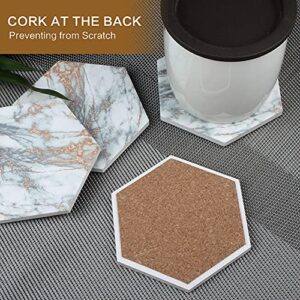 Marble Coasters for Drinks Absorbent with Cork Base, 6 Pcs Drink Coasters for Wooden Table with Metal Holder, Gold Ceramic Cup Coaster Set Rustic Home Decor for Living Room Bar - Housewarming Gifts