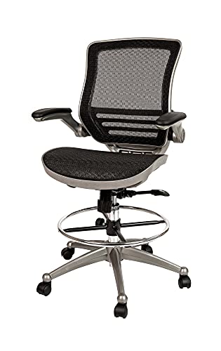 Flash Furniture Mid-Back Transparent Black Mesh Drafting Chair with Graphite Silver Frame and Flip-Up Arms