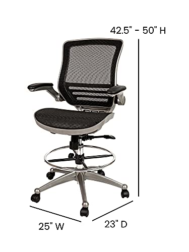 Flash Furniture Mid-Back Transparent Black Mesh Drafting Chair with Graphite Silver Frame and Flip-Up Arms