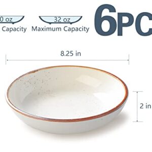 ONEMOER 30 Oz Porcelain Salad Pasta Bowls, Shallow & Wide Bowls Plates Set of 6, Large Ceramic Serving Bowls for Soup, Dessert, Pizza, Fruit. Microwave & Dishwasher Safe Kitchen Dinnerware, White