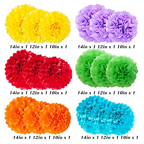 Large Size Party Decorations, 18pcs Decorative Tissue Paper Pom Poms of 14in, 12in, 8in, Paper Flowers for Birthday Celebration Wedding Party Fiesta Indoor and Outdoor Decoration