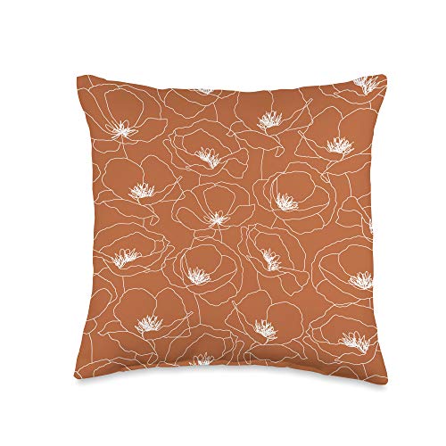 Floral Cute Minimalist Boho Modern Designs Poppy Flower Floral Pattern Line Art Burnt Orange Terracotta Throw Pillow, 16x16, Multicolor