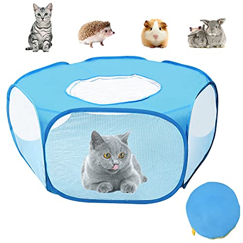 JIMEJV Small Animals Playpen with Anti Escape Zippered Cover Portable Breathable & Waterproof Indoor Exercise Yard Fence Cage Tent for Cats Puppy Guinea Pig Hamster Chinchillas Rabbits (Blue)