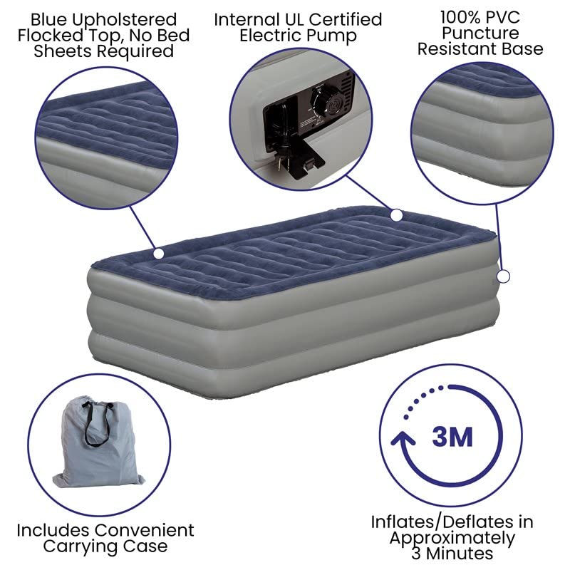 Flash Furniture Kellos 18 inch Air Mattress with ETL Certified Internal Electric Pump and Carrying Case - Twin,Blue