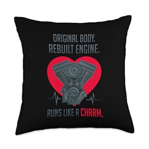 cute original body engine humor quote lover design funny hear attack survivor gift men women open heart surgery throw pillow, 18x18, multicolor