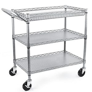 wdt heavy duty 3 tier rolling utility cart, kitchen cart on wheels metal serving cart commercial grade with wire shelving liners and handle bar for kitchen office hardware