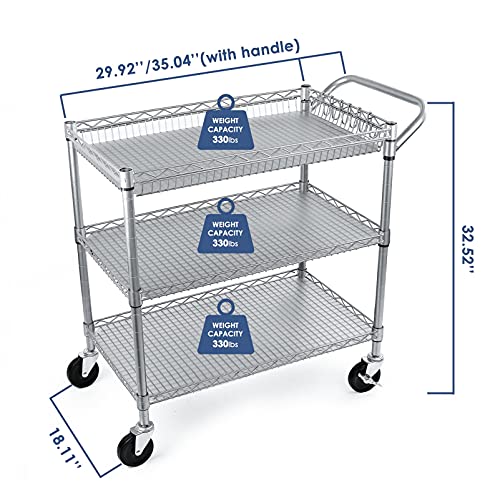 WDT Heavy Duty 3 Tier Rolling Utility Cart, Kitchen Cart on Wheels Metal Serving Cart Commercial Grade with Wire Shelving Liners and Handle Bar for Kitchen Office Hardware