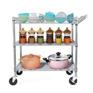 WDT Heavy Duty 3 Tier Rolling Utility Cart, Kitchen Cart on Wheels Metal Serving Cart Commercial Grade with Wire Shelving Liners and Handle Bar for Kitchen Office Hardware
