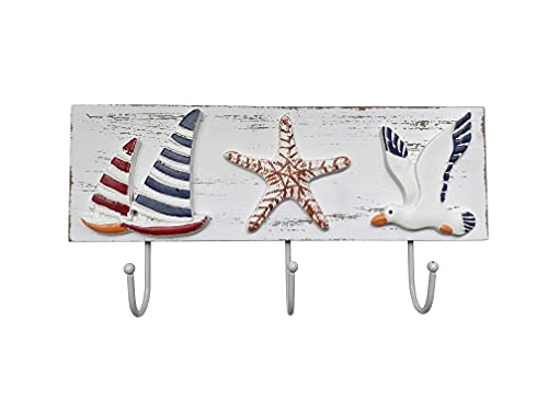 dwellington Beach Theme Towel Wall Mounted Hooks, Wood Coastal Starfish Seagull Key Holder Beach Themed Decor for Bathroom, Living Room, Bedroom