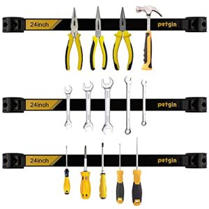 petgin magnetic tool holder 24 inch 3 pack heavy duty magnet tool bar strip rack wall mount for tool box organizers and storage (with buckle,splicing installation