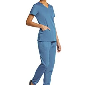 V-Neck Jogger Scrubs for Women Set 7 Pocket 4-Way Stretch Elements EL9935 (Ceil Blue, Medium)