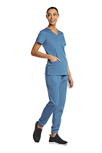 V-Neck Jogger Scrubs for Women Set 7 Pocket 4-Way Stretch Elements EL9935 (Ceil Blue, Medium)