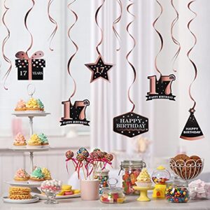 LINGTEER Happy 17th Birthday Rose Gold Swirls Streamers - Cheers to 17th Birthday Seventeen Years Old Bday Party Hanging Decorations.