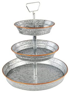 home-x galvanized 3-tier stand, rustic home decor, farmhouse kitchen tray, metal fruit stand and dessert stand, tier party serving tray, 17" d x 19 ½” h, silver
