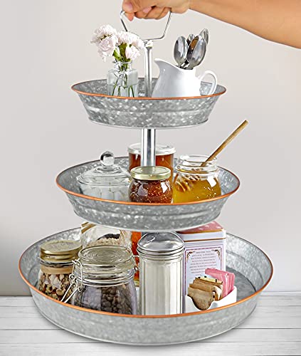 HOME-X Galvanized 3-Tier Stand, Rustic Home Decor, Farmhouse Kitchen Tray, Metal Fruit Stand and Dessert Stand, Tier Party Serving Tray, 17" D x 19 ½” H, Silver