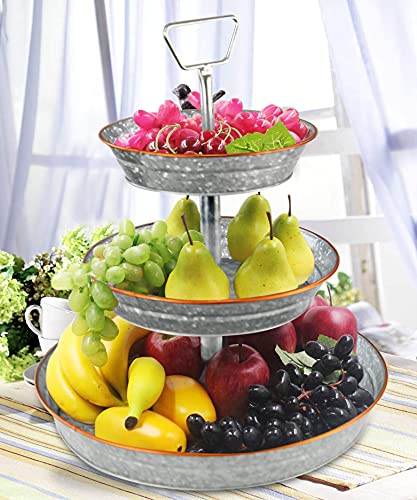 HOME-X Galvanized 3-Tier Stand, Rustic Home Decor, Farmhouse Kitchen Tray, Metal Fruit Stand and Dessert Stand, Tier Party Serving Tray, 17" D x 19 ½” H, Silver