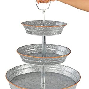 HOME-X Galvanized 3-Tier Stand, Rustic Home Decor, Farmhouse Kitchen Tray, Metal Fruit Stand and Dessert Stand, Tier Party Serving Tray, 17" D x 19 ½” H, Silver