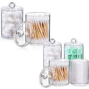 aozita 6 pack qtip holder dispenser for cotton ball, cotton swab, cotton round pads, floss - 10 oz clear plastic apothecary jar for bathroom canister storage organization, vanity makeup organizer