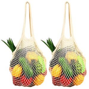[2 pack] premium mesh grocery bags, reusable produce bags, long handle net tote bags, 100% cotton string bags, fruit and vegetable bags, beige (portable/washable/durable)