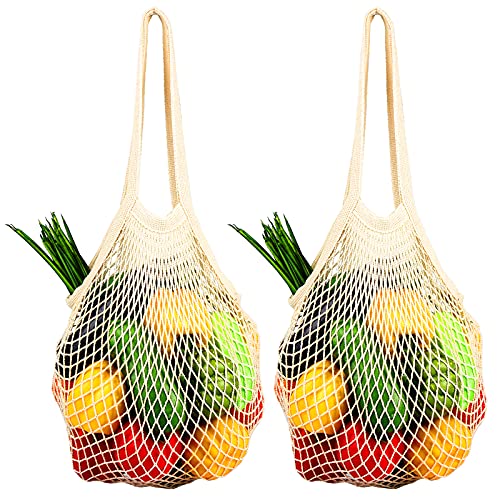 [2 Pack] Premium Mesh Grocery Bags, Reusable Produce Bags, Long Handle Net Tote Bags, 100% Cotton String Bags, Fruit and Vegetable Bags, Beige (Portable/Washable/Durable)