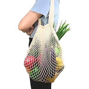 [2 Pack] Premium Mesh Grocery Bags, Reusable Produce Bags, Long Handle Net Tote Bags, 100% Cotton String Bags, Fruit and Vegetable Bags, Beige (Portable/Washable/Durable)