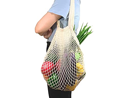 [2 Pack] Premium Mesh Grocery Bags, Reusable Produce Bags, Long Handle Net Tote Bags, 100% Cotton String Bags, Fruit and Vegetable Bags, Beige (Portable/Washable/Durable)