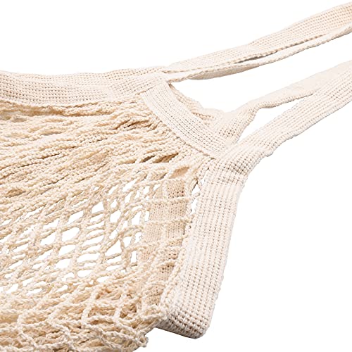 [2 Pack] Premium Mesh Grocery Bags, Reusable Produce Bags, Long Handle Net Tote Bags, 100% Cotton String Bags, Fruit and Vegetable Bags, Beige (Portable/Washable/Durable)