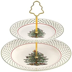 spode - christmas tree collection, 2-tiered tray, for serving food, cake, and desserts, server tier measures at 8" and 10", polka dot motif with gold handle, dishwasher safe