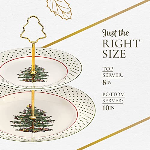 Spode - Christmas Tree Collection, 2-Tiered Tray, for Serving Food, Cake, and Desserts, Server Tier Measures at 8" and 10", Polka Dot Motif with Gold Handle, Dishwasher Safe