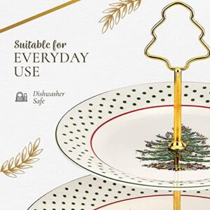 Spode - Christmas Tree Collection, 2-Tiered Tray, for Serving Food, Cake, and Desserts, Server Tier Measures at 8" and 10", Polka Dot Motif with Gold Handle, Dishwasher Safe