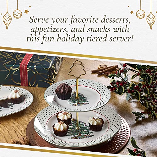 Spode - Christmas Tree Collection, 2-Tiered Tray, for Serving Food, Cake, and Desserts, Server Tier Measures at 8" and 10", Polka Dot Motif with Gold Handle, Dishwasher Safe