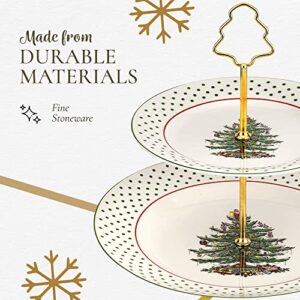 Spode - Christmas Tree Collection, 2-Tiered Tray, for Serving Food, Cake, and Desserts, Server Tier Measures at 8" and 10", Polka Dot Motif with Gold Handle, Dishwasher Safe