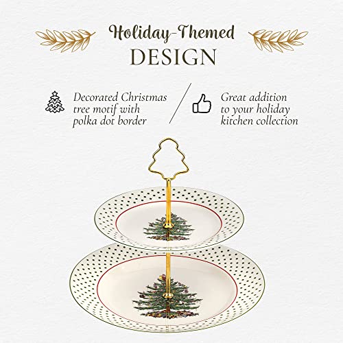 Spode - Christmas Tree Collection, 2-Tiered Tray, for Serving Food, Cake, and Desserts, Server Tier Measures at 8" and 10", Polka Dot Motif with Gold Handle, Dishwasher Safe