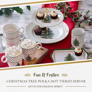 Spode - Christmas Tree Collection, 2-Tiered Tray, for Serving Food, Cake, and Desserts, Server Tier Measures at 8" and 10", Polka Dot Motif with Gold Handle, Dishwasher Safe