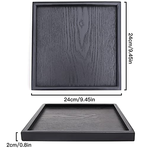 Solid Wood Serving Tray, Square Non-Slip Tea Coffee Snack Plate, Serving Tray with Raised Edges, for Home Kitchen Restaurant (9.5x9.5inch, Black)