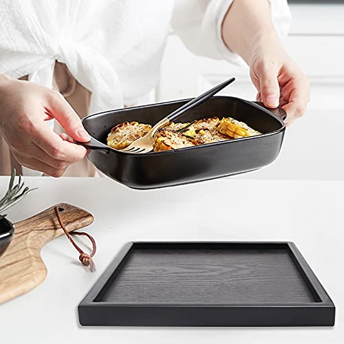 Solid Wood Serving Tray, Square Non-Slip Tea Coffee Snack Plate, Serving Tray with Raised Edges, for Home Kitchen Restaurant (9.5x9.5inch, Black)