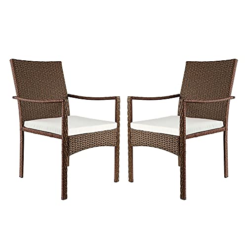 Amazon Brand - Ravenna Home Set of 2 Coastal Outdoor Patio Dining Chairs with Cushion, Weather-Resistant PE Rattan Wicker - Brown