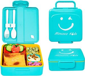 mincoco kids bento lunch box - lunch container with sauce jar, spoon&fork 4-compartment, on-the-go meal and snack packing - leak proof, durable, microwave safe (sky blue)