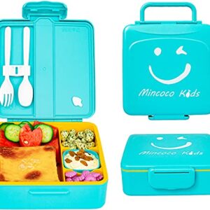 MINCOCO Kids Bento Lunch Box - Lunch Container with Sauce Jar, Spoon&Fork 4-Compartment, On-the-Go Meal and Snack Packing - Leak Proof, Durable, Microwave Safe (Sky Blue)