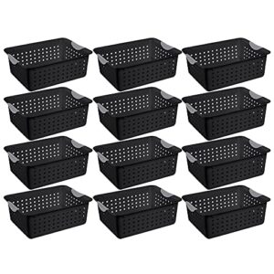 sterilite medium ultra indoor home plastic storage organizer basket container with contoured handles for cabinets, shelves, black (12 pack)