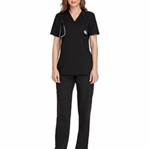 COMENII Scrub Tops for Women, Two Pocket Sporty Quick-Dry Stretch V-Neck Workwear, Anti-Wrinkle Medical Scrubs for Women(Black L)