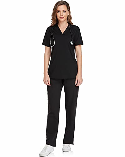 COMENII Scrub Tops for Women, Two Pocket Sporty Quick-Dry Stretch V-Neck Workwear, Anti-Wrinkle Medical Scrubs for Women(Black L)