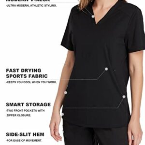 COMENII Scrub Tops for Women, Two Pocket Sporty Quick-Dry Stretch V-Neck Workwear, Anti-Wrinkle Medical Scrubs for Women(Black L)