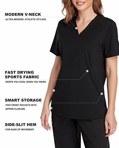 COMENII Scrub Tops for Women, Two Pocket Sporty Quick-Dry Stretch V-Neck Workwear, Anti-Wrinkle Medical Scrubs for Women(Black L)