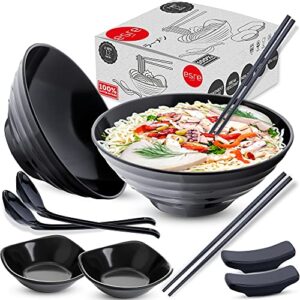 ESRE 2 sets (12 pieces) 37 oz Japanese Ramen Bowl with Chopsticks and Spoons | Asian Chinese Large Ramen Noodle Bowl | Dinnerware Ramen bowl set and Pho Bowl (Black)