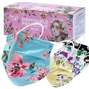 everydayspecial disposable safety mask 3 layer protection face mask for adults 50 pcs (flower assorted print)