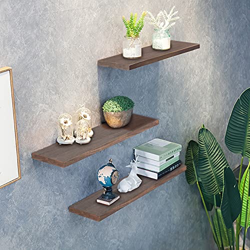 Kosiehouse Floating Shelves for Wall, Rustic Solid Paulownia Wood Wall Mounted Storage Shelves with Invisible Brackets, Set of 3 for Kitchen, Bathroom, Living Room