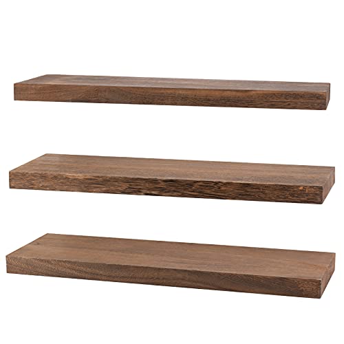 Kosiehouse Floating Shelves for Wall, Rustic Solid Paulownia Wood Wall Mounted Storage Shelves with Invisible Brackets, Set of 3 for Kitchen, Bathroom, Living Room