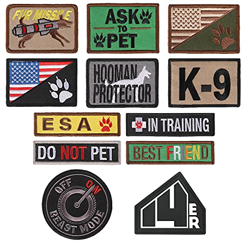 14er Tactical K9 Unit Dog Patches (12-Pack) | Embroidered Service Animal, Ask to Pet, Do Not Pet, Therapy Dog In Training | ESA Hook and Loop Patches for Dog Vest, Military Harness, Collar and Leashes